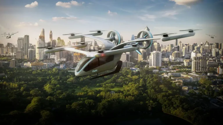 Carro voador elétrico (eVTOL) da Eve sobrevoando São Paulo.