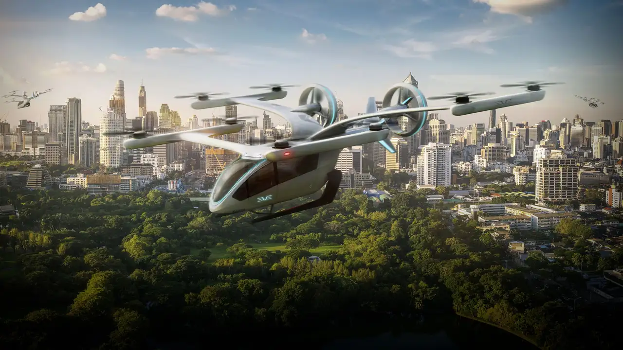 Carro voador elétrico (eVTOL) da Eve sobrevoando São Paulo.