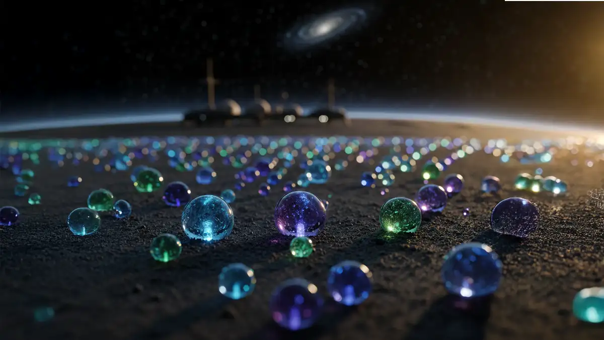 Esferas de vidro no solo lunar contendo água para futura colonização na Lua.