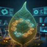 Representação visual de uma folha de planta medicinal com uma hélice de DNA brilhante no centro, simbolizando a decodificação do composto contra o câncer em um ambiente de laboratório moderno.