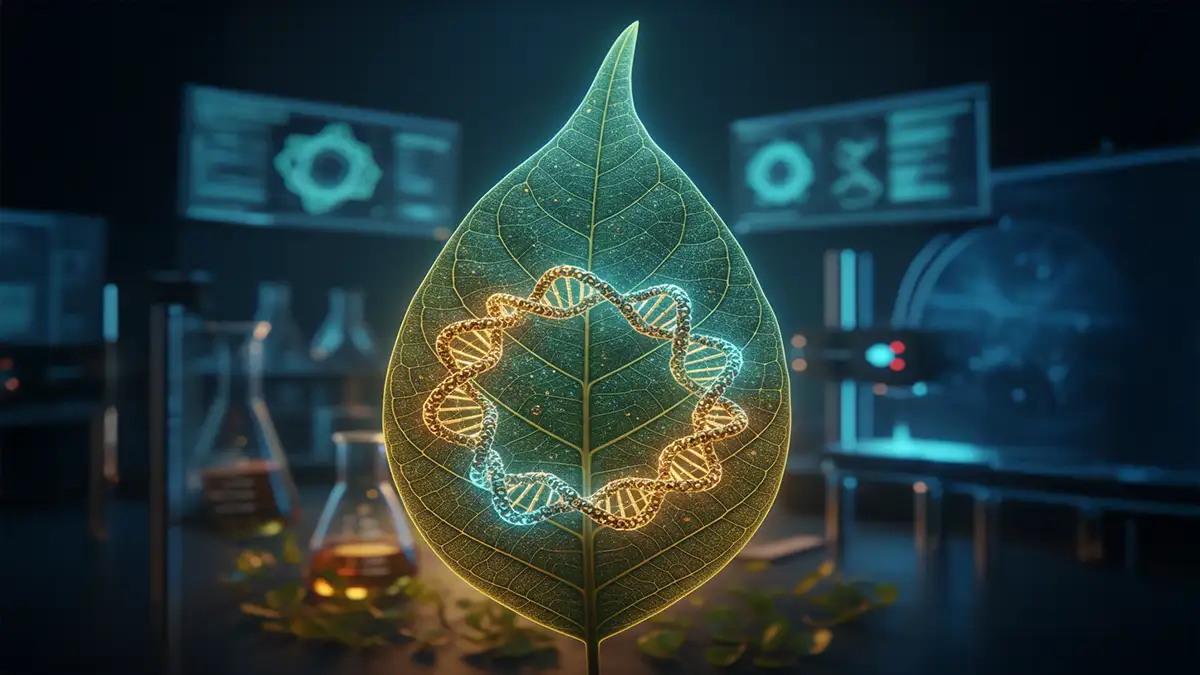 Representação visual de uma folha de planta medicinal com uma hélice de DNA brilhante no centro, simbolizando a decodificação do composto contra o câncer em um ambiente de laboratório moderno.