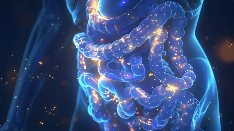 Ilustração da conexão entre o cérebro e a microbiota intestinal humana.