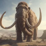 representação artística do nascimento do primeiro mamute lanoso em laboratório de biotecnologia avançada