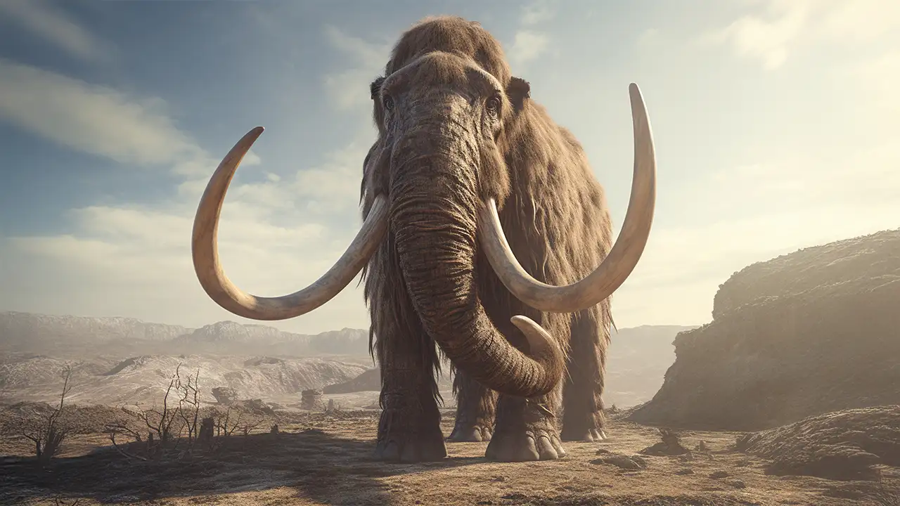 representação artística do nascimento do primeiro mamute lanoso em laboratório de biotecnologia avançada