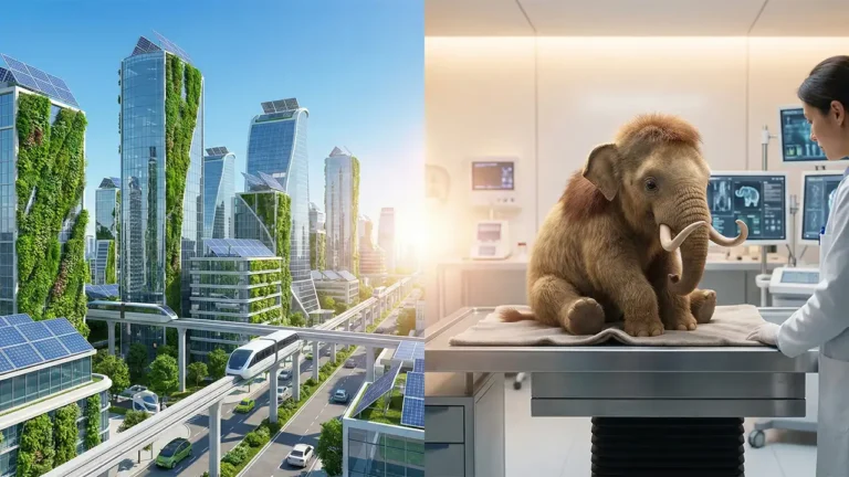 Colagem artística mostrando o renascimento da natureza e avanço tecnológico com notícias incríveis de 2025