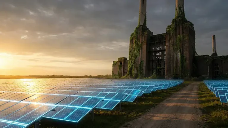 Imagem simbólica mostrando um campo de energia solar iluminado em primeiro plano, enquanto uma usina de carvão velha e desligada aparece na sombra ao fundo, representando a transição energética
