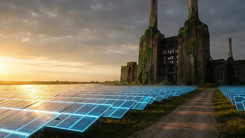 Imagem simbólica mostrando um campo de energia solar iluminado em primeiro plano, enquanto uma usina de carvão velha e desligada aparece na sombra ao fundo, representando a transição energética