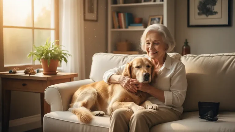 Idoso sorrindo e abraçando seu cachorro em uma sala iluminada, ilustrando os benefícios cognitivos.