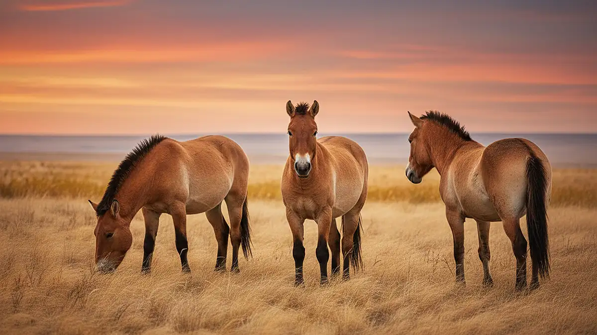Grupo de cavalos de Przewalski galopando livremente nas estepes do Cazaquistão.