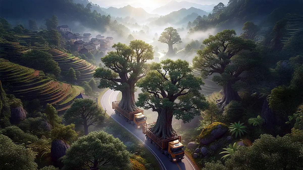 Transporte de árvores milenares salvas de inundação na China para novo santuário.