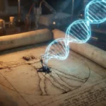 Close-up artístico mostra um esboço antigo de Leonardo da Vinci sobre uma mesa, de onde emerge uma estrutura de DNA brilhante e futurista, simbolizando a descoberta científica da extração de material genético da obra.
