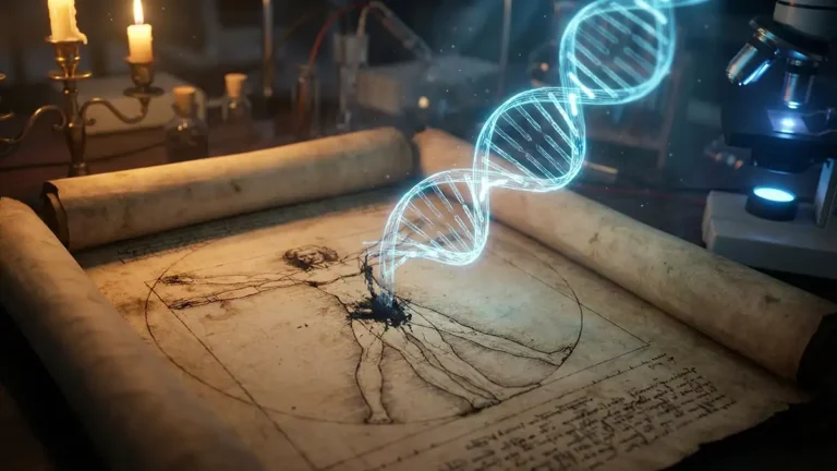 Close-up artístico mostra um esboço antigo de Leonardo da Vinci sobre uma mesa, de onde emerge uma estrutura de DNA brilhante e futurista, simbolizando a descoberta científica da extração de material genético da obra.