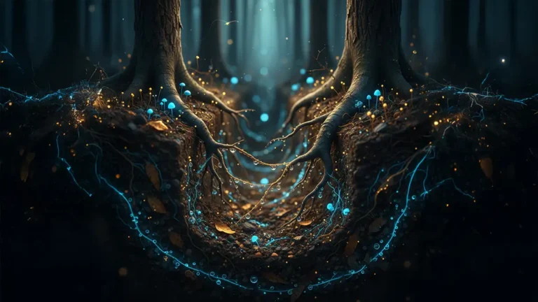 Representação da Internet das Florestas com redes de fungos brilhantes conectando raízes de árvores.