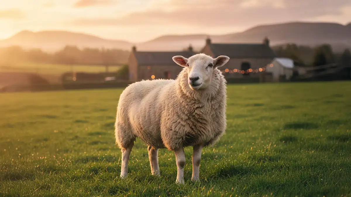 Ovelha Fiona pastando calmamente na Dalscone Farm após seu resgate