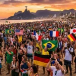 Uma foto panorâmica e vibrante mostra a praia de Copacabana, no Rio de Janeiro, lotada por milhares de turistas estrangeiros celebrando durante o pôr do sol, com o Cristo Redentor e o Pão de Açúcar ao fundo, simbolizando o recorde histórico de turismo no Brasil