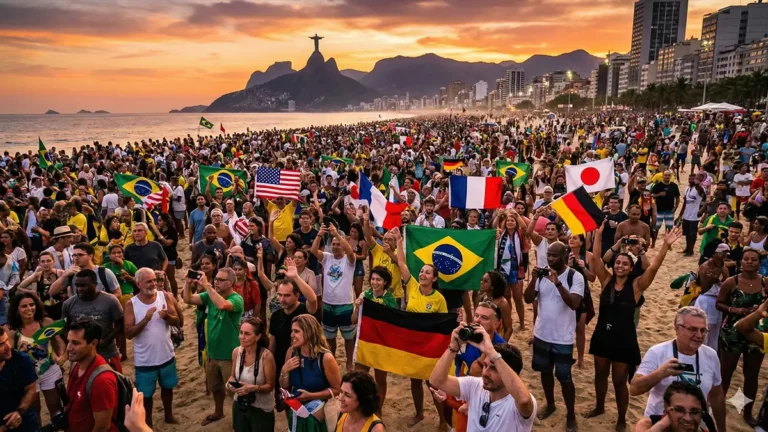 Uma foto panorâmica e vibrante mostra a praia de Copacabana, no Rio de Janeiro, lotada por milhares de turistas estrangeiros celebrando durante o pôr do sol, com o Cristo Redentor e o Pão de Açúcar ao fundo, simbolizando o recorde histórico de turismo no Brasil