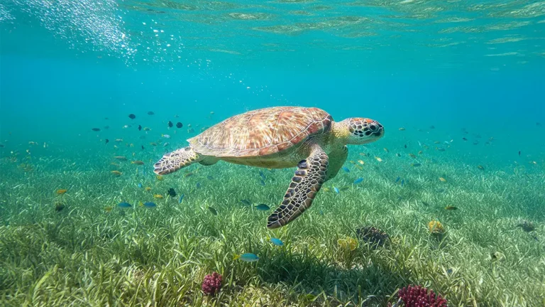 Tartaruga-verde nadando em pradaria de grama marinha sob a luz do sol