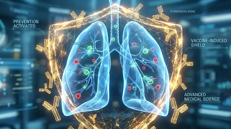 Ilustração médica 3D mostrando pulmões saudáveis sendo protegidos por um escudo de anticorpos brilhantes, simbolizando a ação preventiva da nova vacina LungVax contra o câncer
