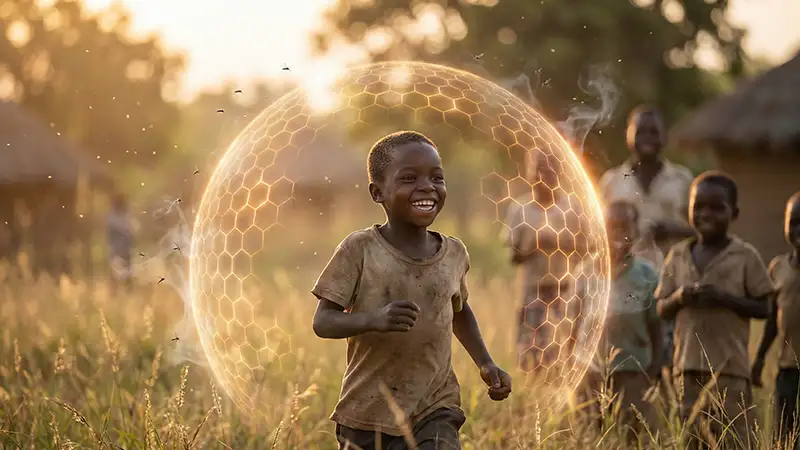 Imagem simbólica de uma criança saudável brincando sob a luz do sol, protegida por um escudo energético transparente que afasta mosquitos, representando o sucesso da vacina contra a malária